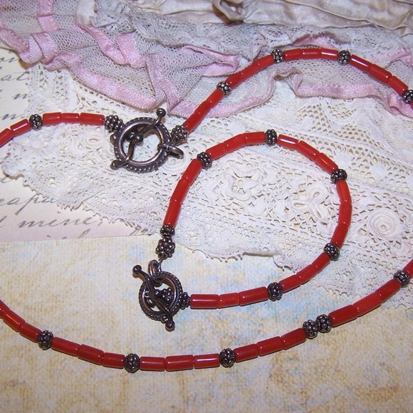 Sterling Silver and Red Coral Bead Necklace and Bracelet - Picture 4 of 8